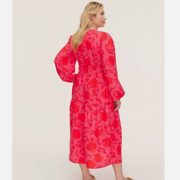 Kate Spade Target Red Pink Rose Linen Long Sleeve Maxi Dress with Pockets XS - Picture 2 of 2